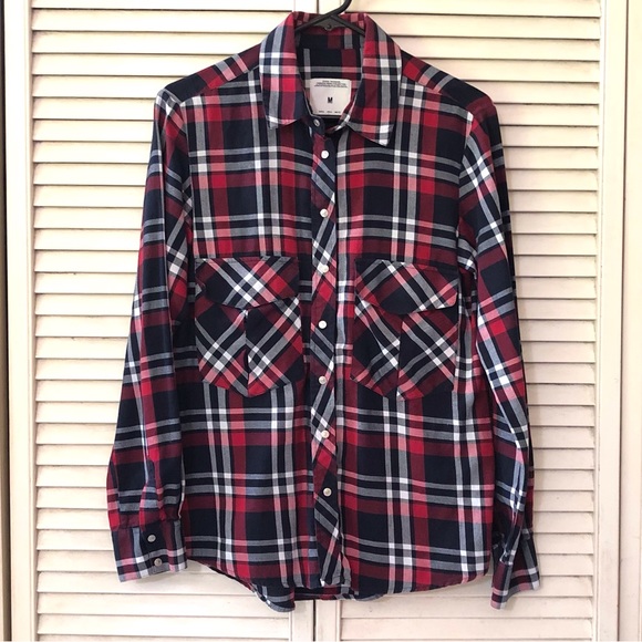 Zara Womens Plaid Shirt Medium Red Navy Long Sleeve Casual Collared Snap Button - Picture 9 of 9
